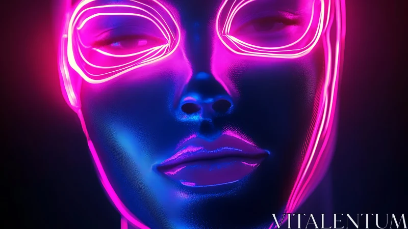 Neon cybernetic face under glowing magenta circuit mask.