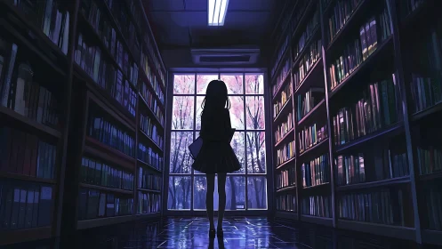 Midnight-library girl pausing beneath the cherryglass window.