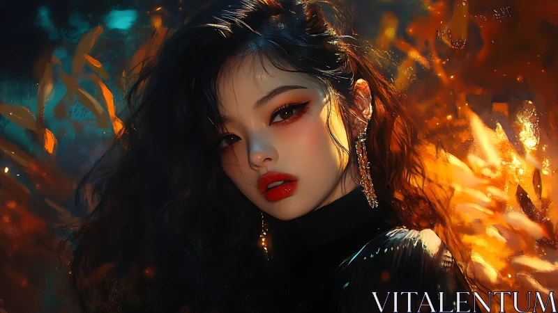 Ember-lit beauty framed by molten leaves and midnight shadow.