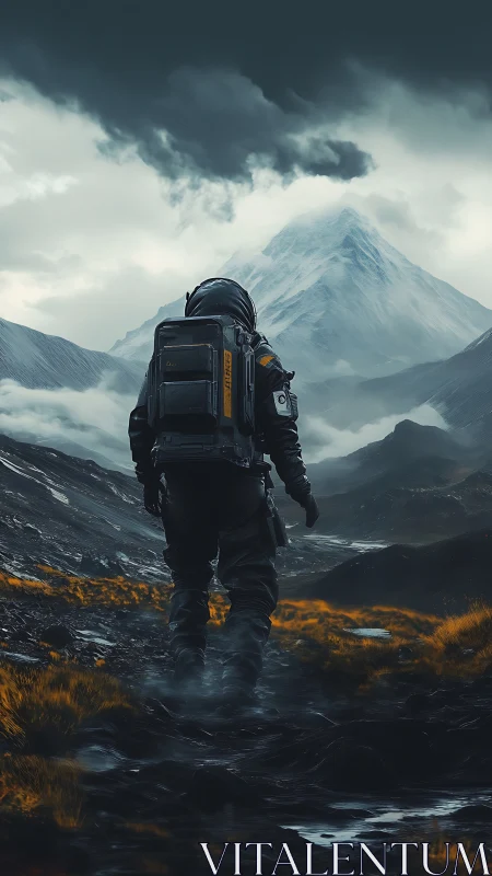Solitary astronaut trekking toward storm-laced alien peak.