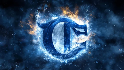 Blazing ice emblem erupts in cosmic blue fire halo.