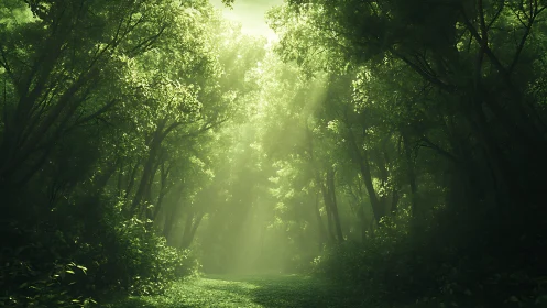 Verdant canopy tunnel bathed in ethereal sunlight.