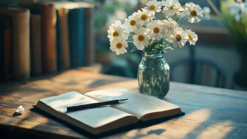 Open Book with Pen and White Daisies in Morning Light