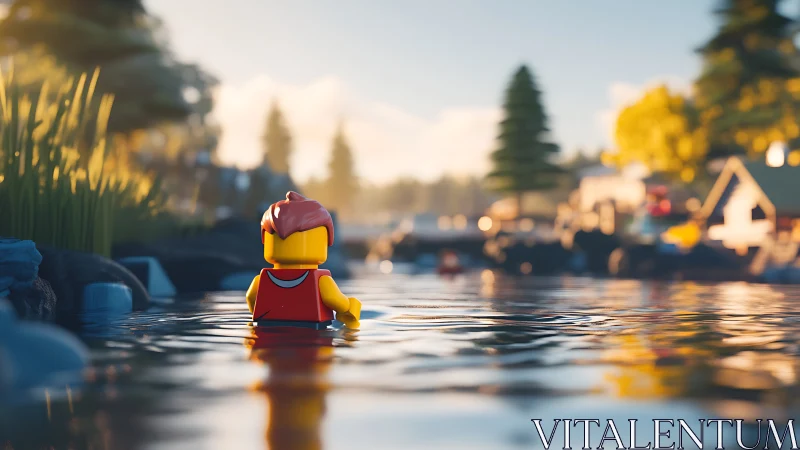 Lego minifigure wades through reflective lake at sunrise