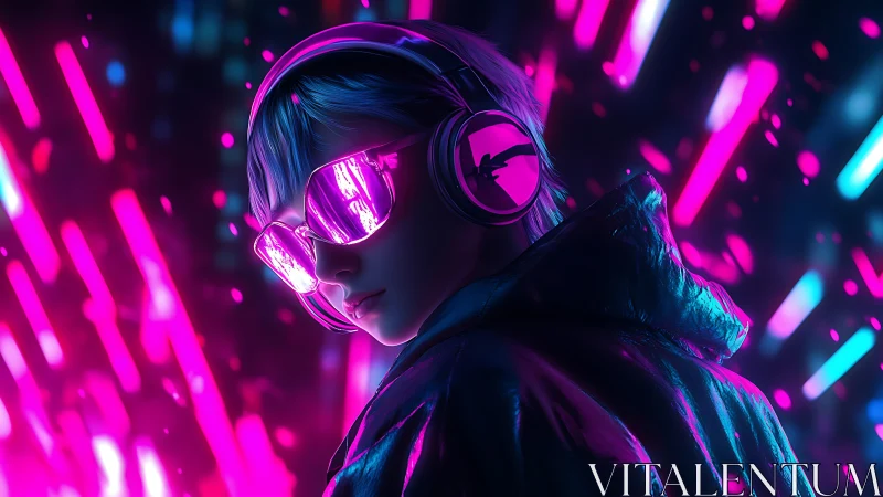Neon-clad cyber youth turns amid glowing magenta light streaks.
