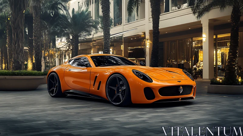 Orange supercar glows under palm-lined luxury boulevard lights.