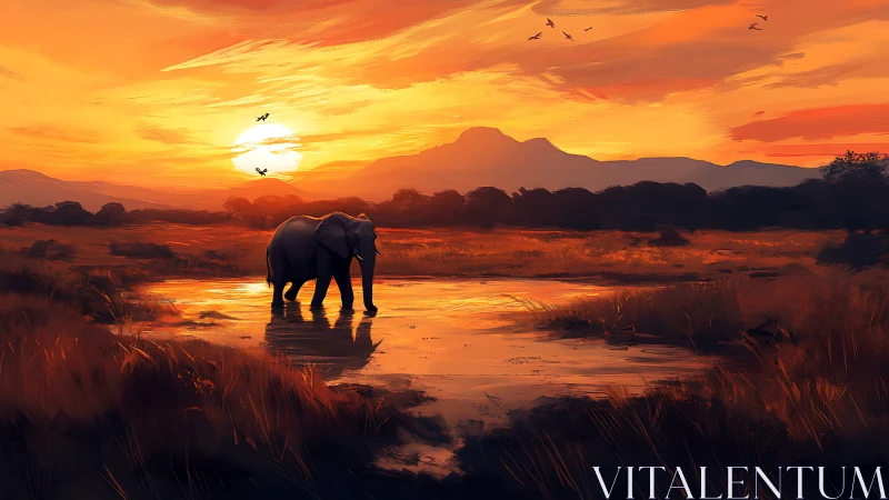 Solitary elephant wades through a molten watercolor sunset plain.