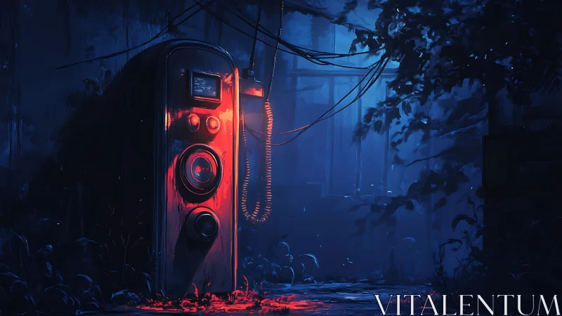 Retro industrial console glows in neon blue and red haze