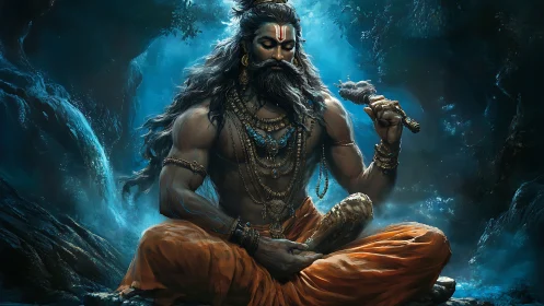 Meditative ascetic figure seated in a luminous cave setting.