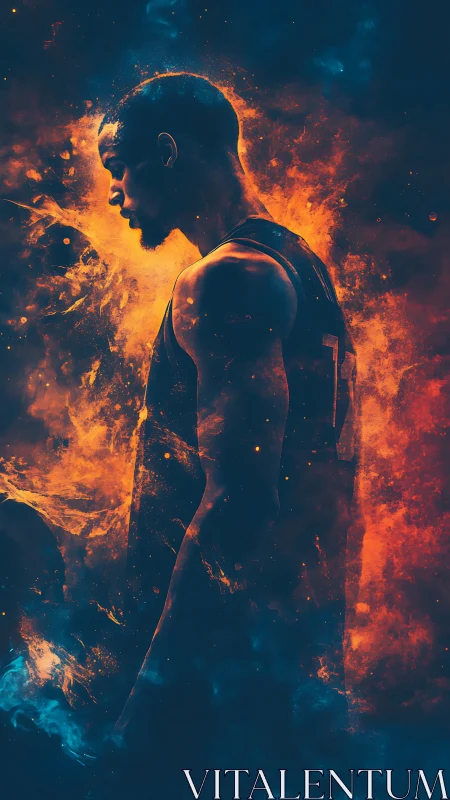 Silhouetted athlete rendered in fiery bokeh-style particle turbulence