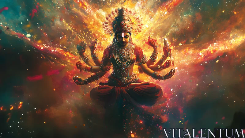 Radiant multi-armed deity glows in a swirling cosmic dance