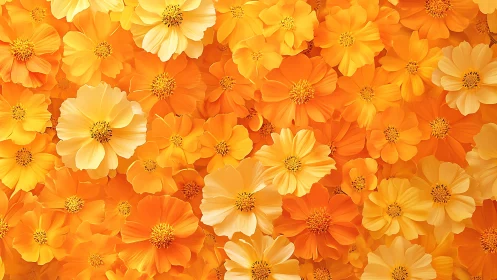 Marigold cosmos flower bed in saturated golden-orange tones.