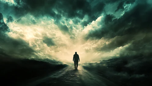 Solitary figure advances along reflective road into luminous storm