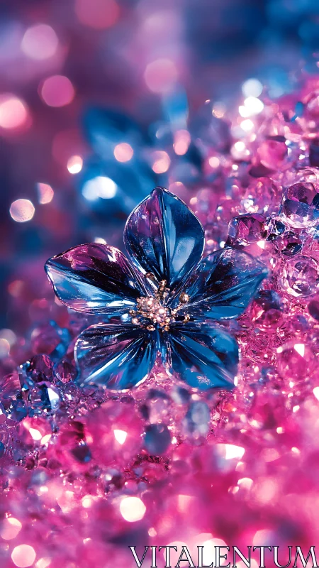 Blue crystal flower amid pink and blue bokeh field.