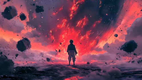 Lone anime warrior faces apocalyptic flaming skyfall.