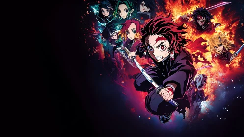 Sword-wielding anime heroes surge through elemental fire and light.