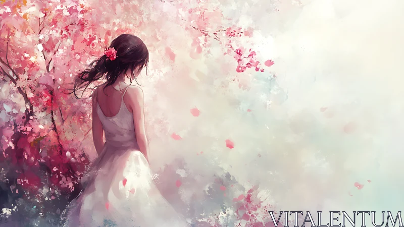 Girl in white dress amid drifting cherry blossoms dreamscape.