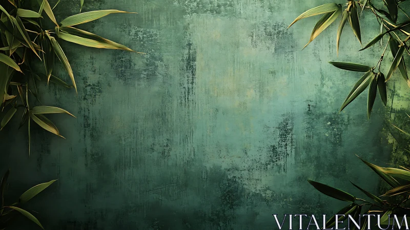 Textured teal wall with diagonal bamboo foliage framing edges.