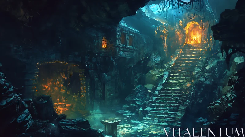 Hidden stone stairway glows with warm torchlit mystery