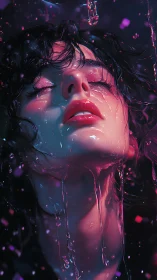 Iridescent portrait captures drenched face in neon rim lighting