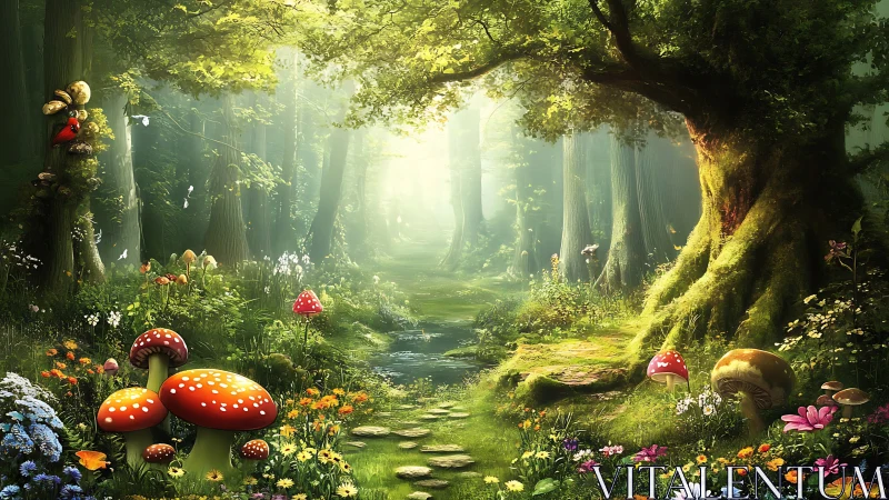 Enchanted Forest Pathway with Giant Toadstools and Luminescent Canopy