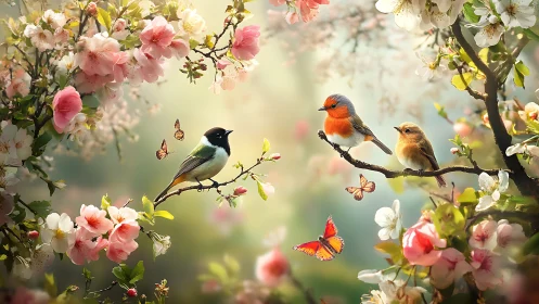 Colorful songbirds and butterflies in a blooming spring garden, digital art.