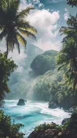 Tropical Ravine with Mountain Peak and Luminous Waters.