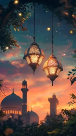 Hanging lattice lanterns before domed mosque at sunset.