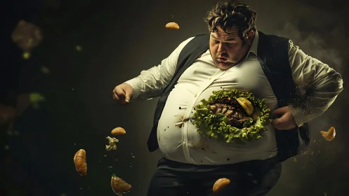Man interacts with suspended food elements in midair scene