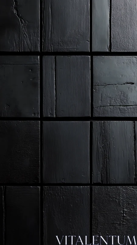 Matte black textured square tile wall surface closeup.