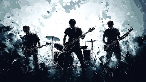 High-contrast digital painting of rock trio in explosive stage haze.