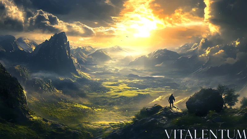 Wide mountain valley landscape is illuminated by strong sunset light