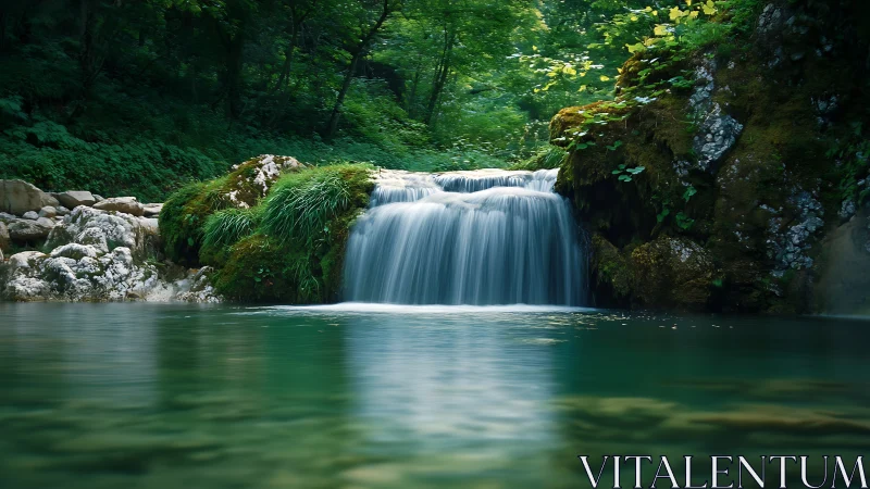 Soft waterfall hushes the forest into emerald stillness