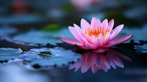 Serene pink water lily blooms softly on reflective pond