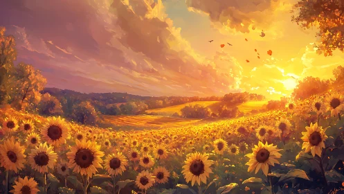 Golden sunflower valley glows under radiant sunset sky