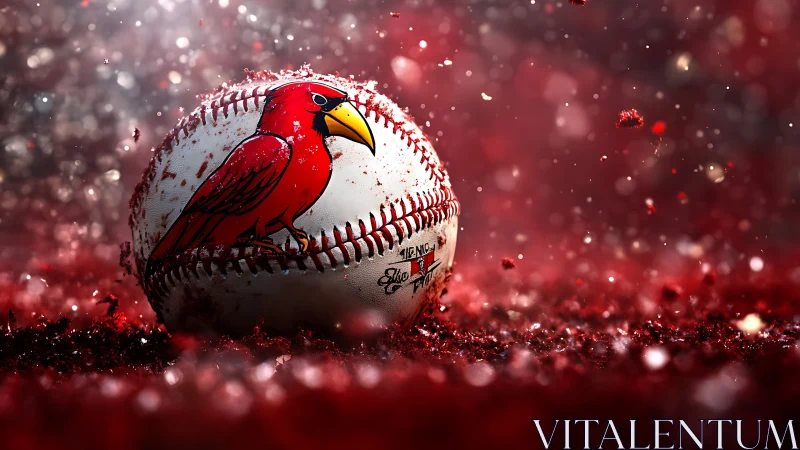 Cardinal logo baseball on glowing red glitter field.