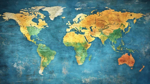 Textured political world map on distressed blue surface.