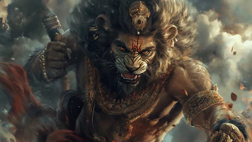 Lion-headed warrior deity charging through storm clouds.
