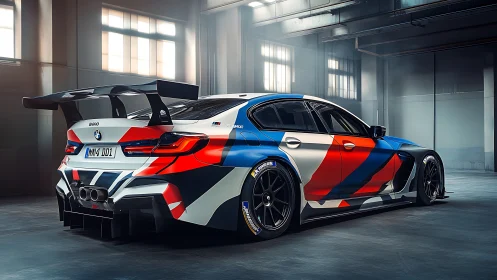 Track-bred BMW racer coils in neon livery inside hushed hangar.