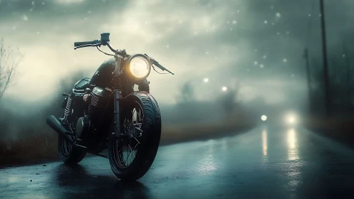 Vintage motorcycle stands on wet night road under misty sky