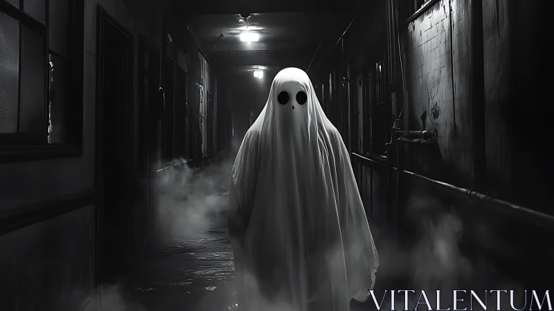 Midnight hallway ghost drifts calmly through industrial gloom