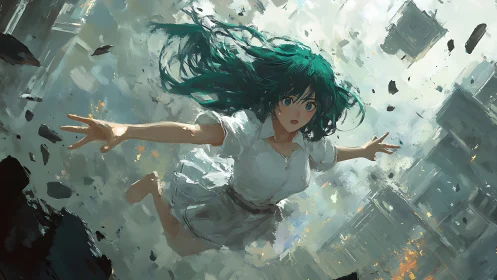 Green haired girl suspended in chaotic falling debris.