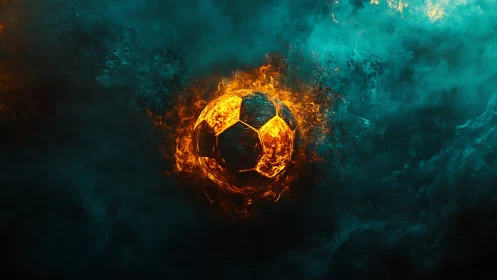 Soccer ball engulfed in digital flames against teal smoke.