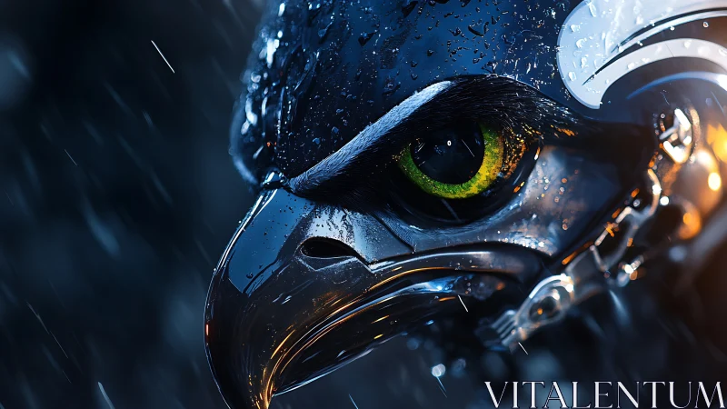 Futuristic Mechanical Eagle in Rain, Hyper-Realistic Digital Art.