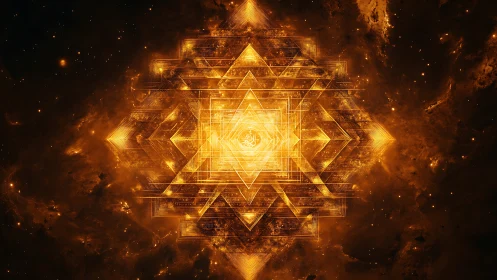 Geometric golden mandala radiating within cosmic nebula.
