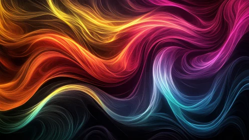 Multicolored flowing light streaks on dark abstract background.
