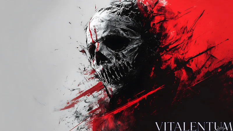 Skull emerging through fractured red brush and shadowed void.