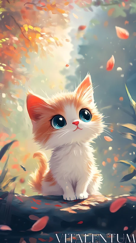 Luminescent Kitten Portrait with Autumn Foliage Elements.