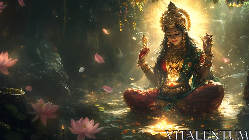 Radiant goddess meditates in lotus-lit enchanted forest.