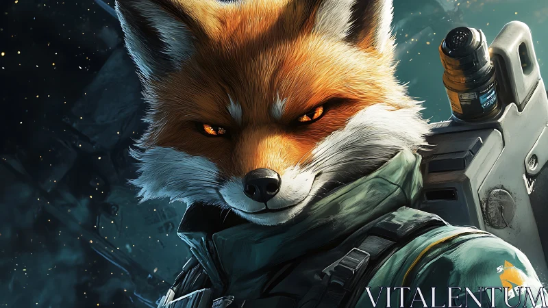 Starbound fox captain stalks the void with ember-bright eyes.